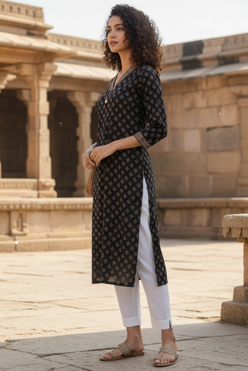 Black Cotton Jaipuri Floral Printed Kurti