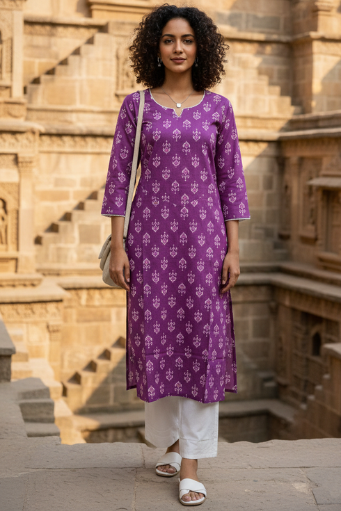 Purple Cotton Jaipuri Floral Printed Kurti