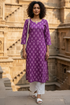 Purple Cotton Jaipuri Floral Printed Kurti