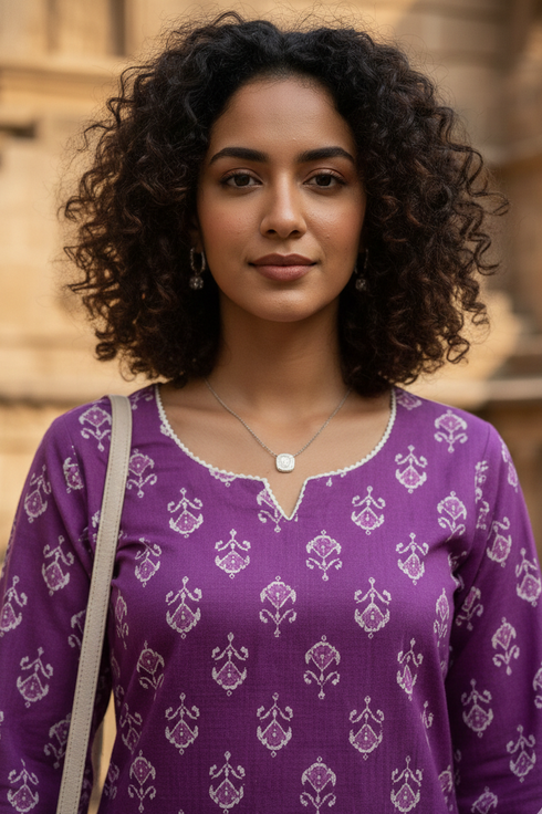 Purple Cotton Jaipuri Floral Printed Kurti