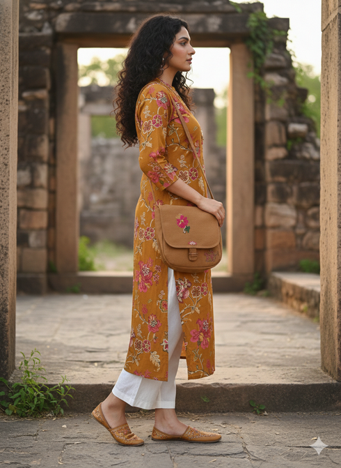 Mustard Yellow Pure Cotton Jaipuri Floral Printed Kurti