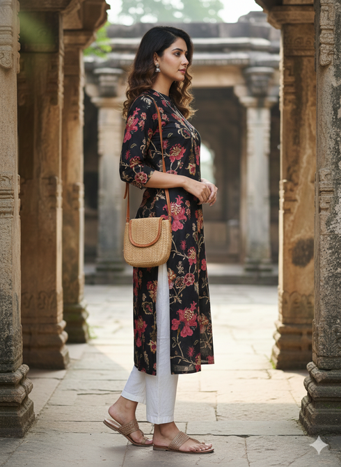 Grey Pure Cotton Jaipuri Floral Printed Kurti