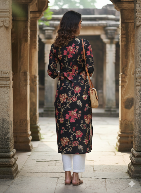 Grey Pure Cotton Jaipuri Floral Printed Kurti