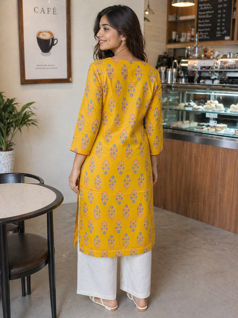 Yellow Pure Cotton Floral Printed Kurti