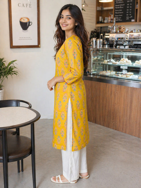 Yellow Pure Cotton Floral Printed Kurti