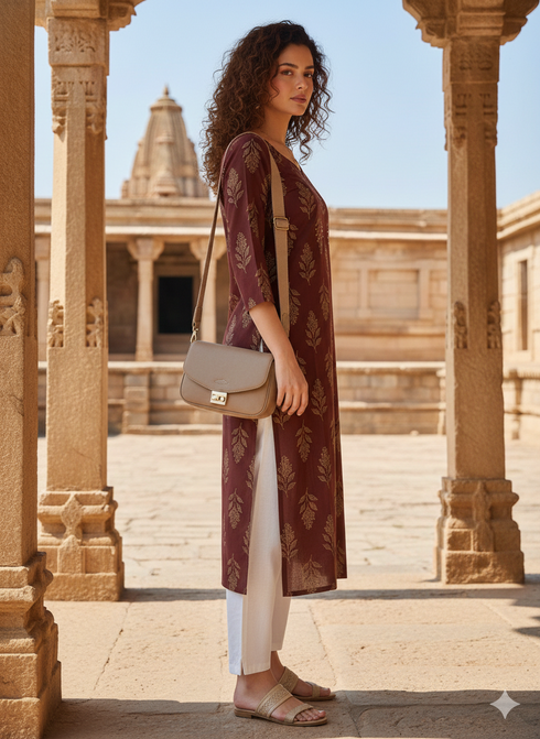 Brown Pure Cotton Jaipuri Floral Printed Kurti