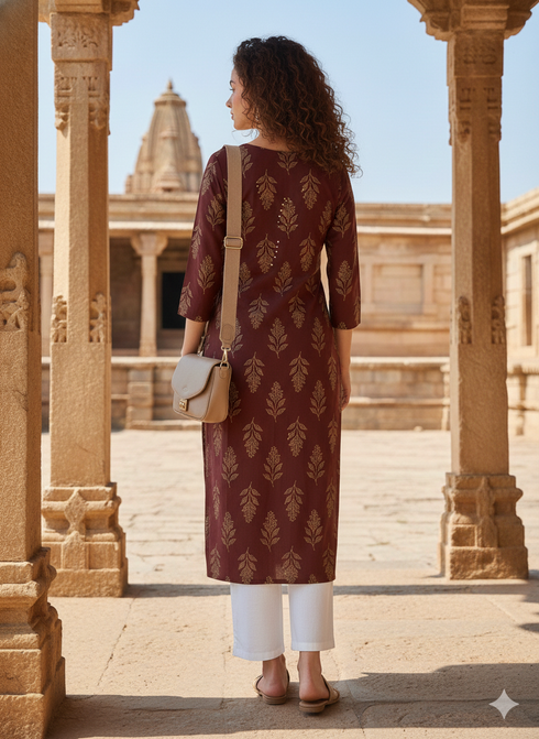 Brown Pure Cotton Jaipuri Floral Printed Kurti
