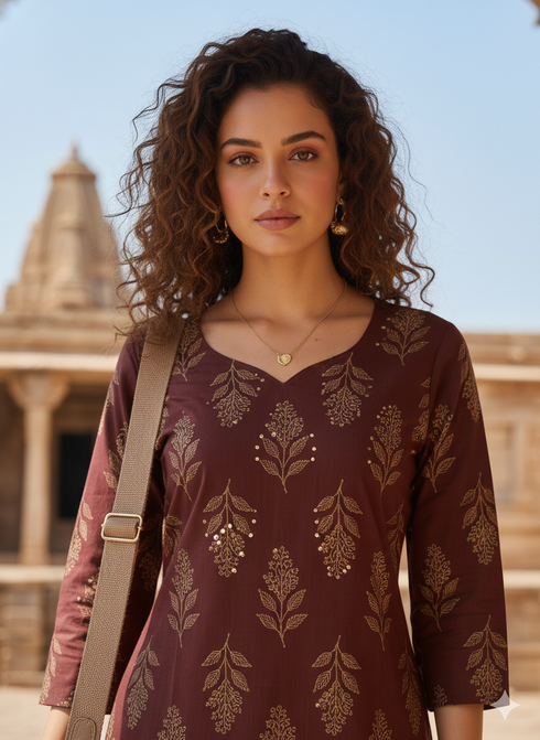 Brown Pure Cotton Jaipuri Floral Printed Kurti