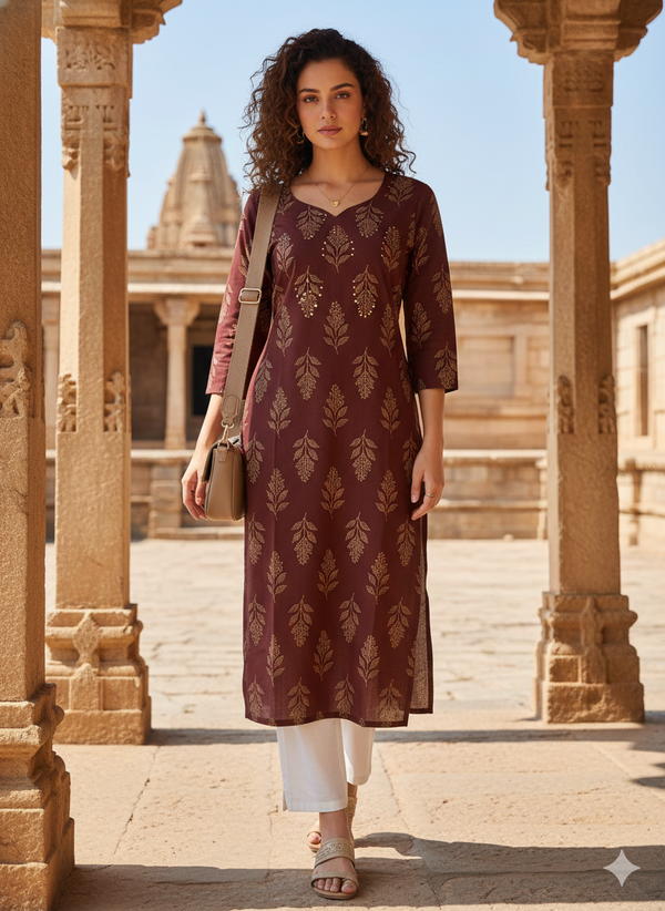 Brown Pure Cotton Jaipuri Floral Printed Kurti