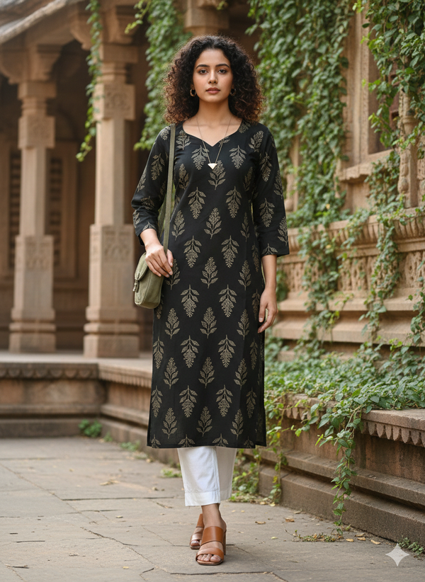 Bottle Green Pure Cotton Jaipuri Floral Printed Kurti