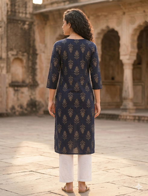 Navy Blue Pure Cotton Jaipuri Floral Printed Kurti