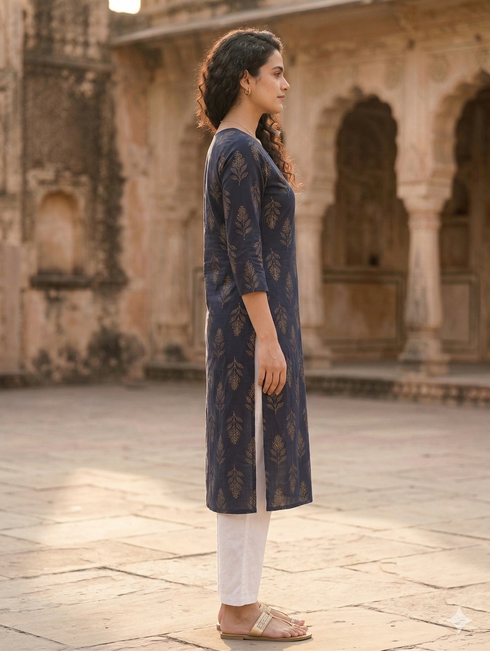 Navy Blue Pure Cotton Jaipuri Floral Printed Kurti