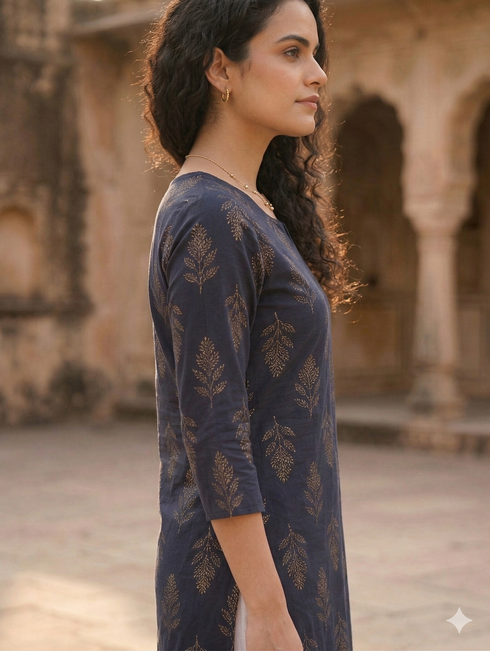 Navy Blue Pure Cotton Jaipuri Floral Printed Kurti