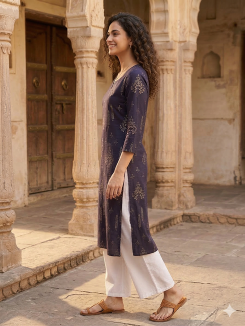 Violet Pure Cotton Jaipuri Floral Printed Kurti