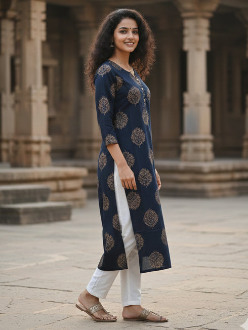 Navy Blue Pure Cotton Floral Printed Kurti