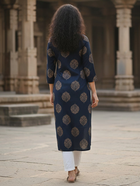 Navy Blue Pure Cotton Floral Printed Kurti