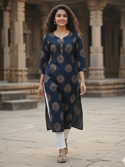 Navy Blue Pure Cotton Floral Printed Kurti