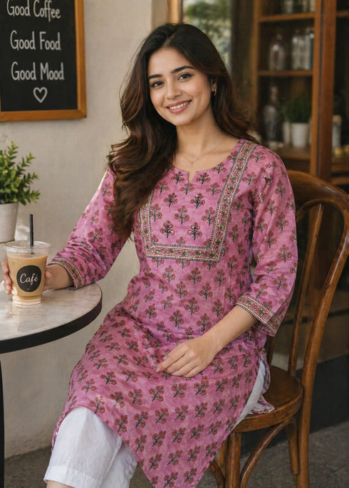Pink Pure Cotton Floral Printed Kurti