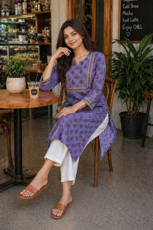 Lavender Pure Cotton Floral Printed Kurti