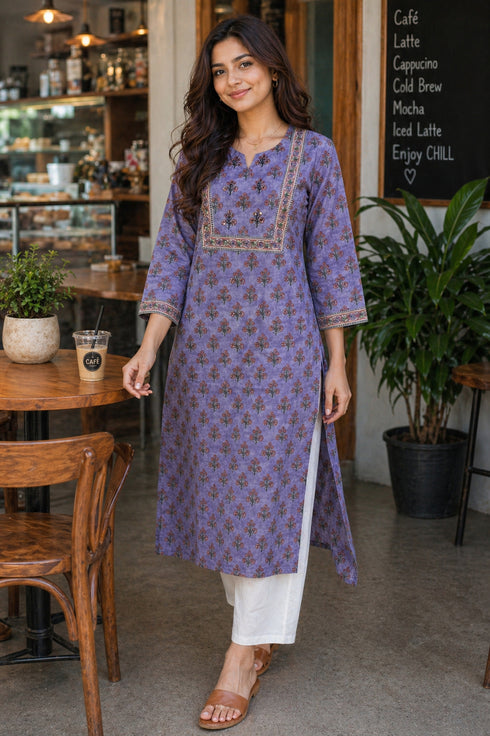 Lavender Pure Cotton Floral Printed Kurti