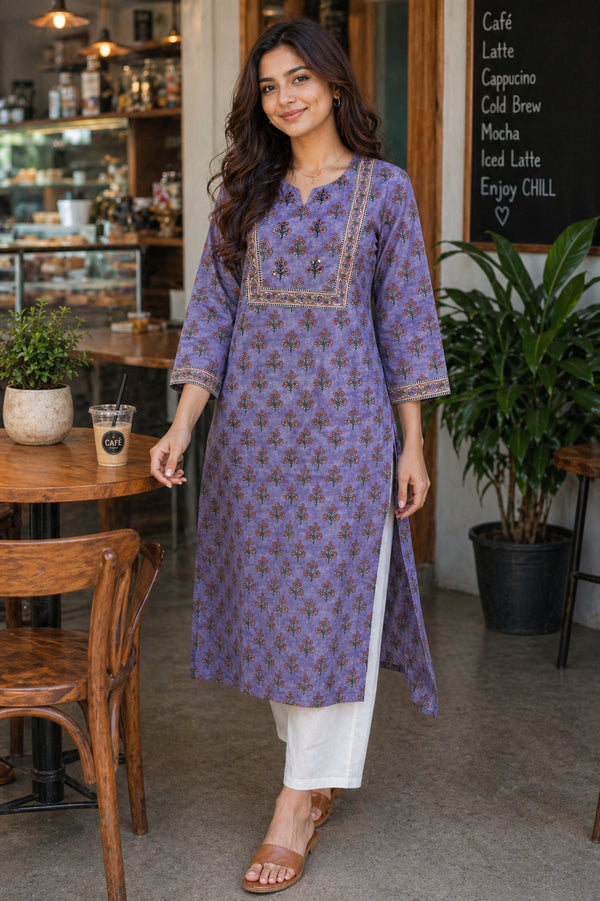 Lavender Pure Cotton Floral Printed Kurti