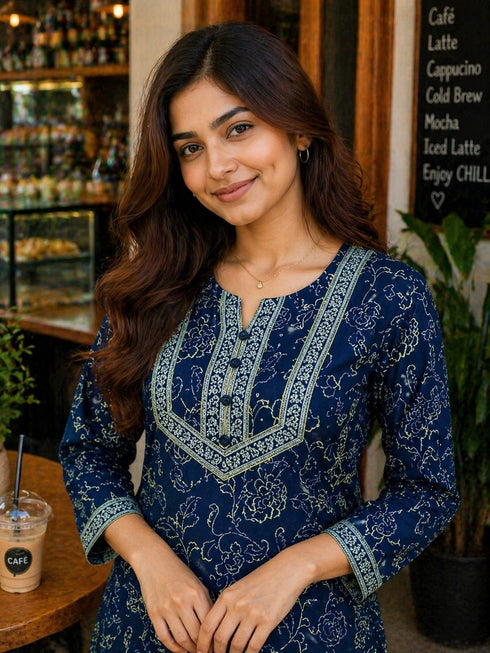 Blue Pure Cotton Floral Printed Kurti