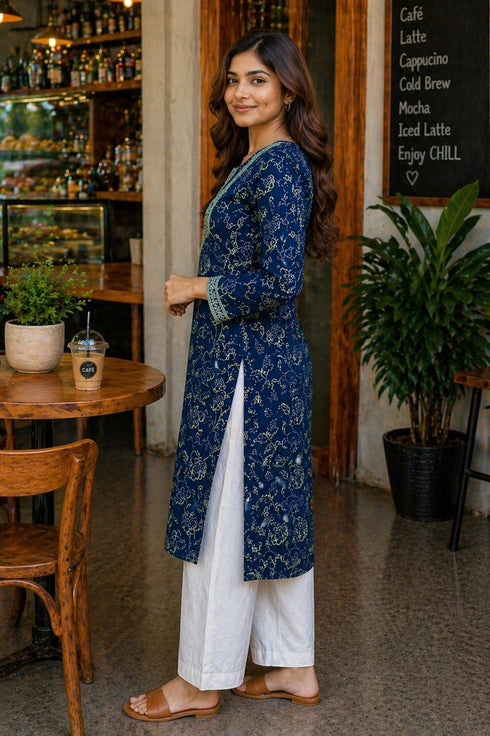 Blue Pure Cotton Floral Printed Kurti