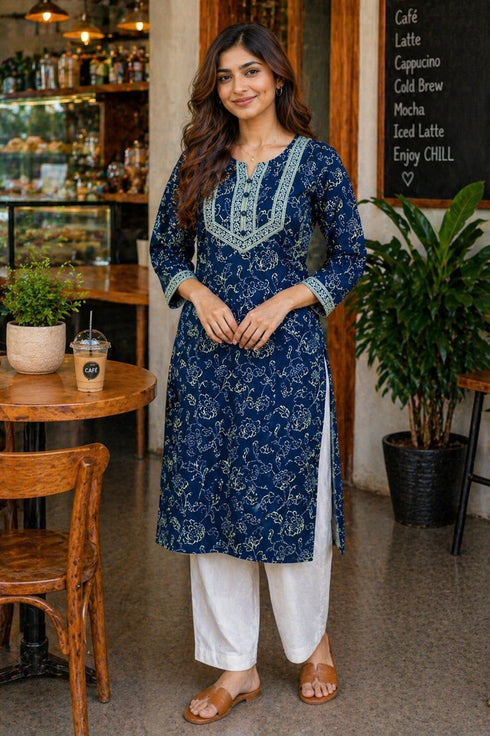Blue Pure Cotton Floral Printed Kurti