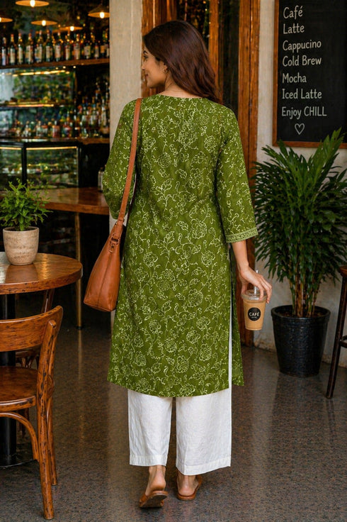 Mahendi Green Pure Cotton Floral Printed Kurti