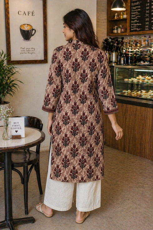 Brown & Red Pure Cotton Floral Printed Kurti