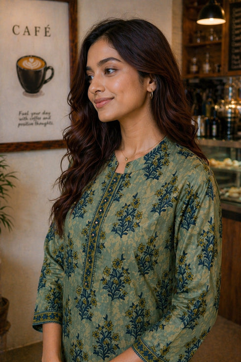 Green Pure Cotton Floral Printed Kurti