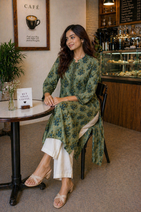 Green Pure Cotton Floral Printed Kurti