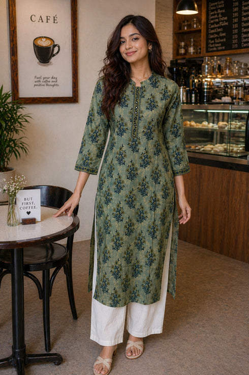 Green Pure Cotton Floral Printed Kurti