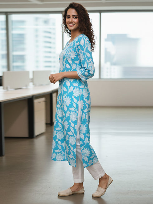 Turquoise Pure Cotton Floral Printed Kurti