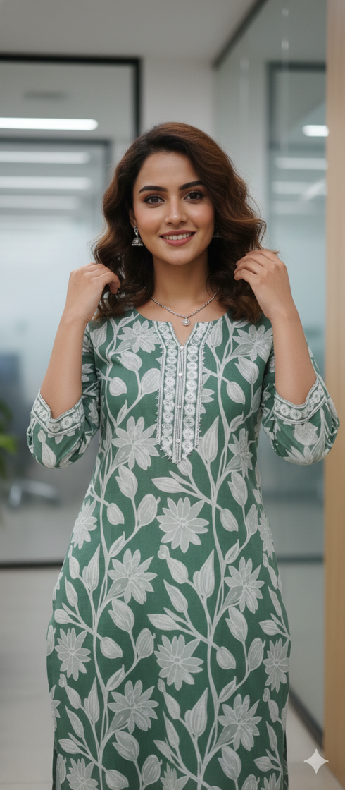 Sage Green Pure Cotton Jaipuri Floral Printed Kurti