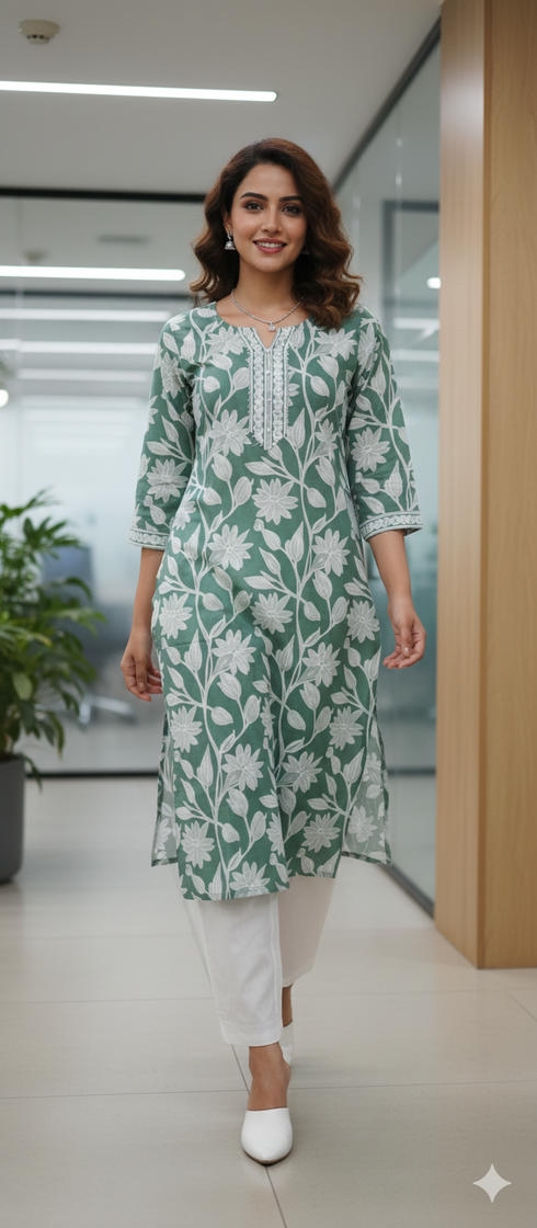 Sage Green Pure Cotton Jaipuri Floral Printed Kurti