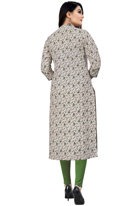 Beige & Green Pure Cambric Cotton Kurti