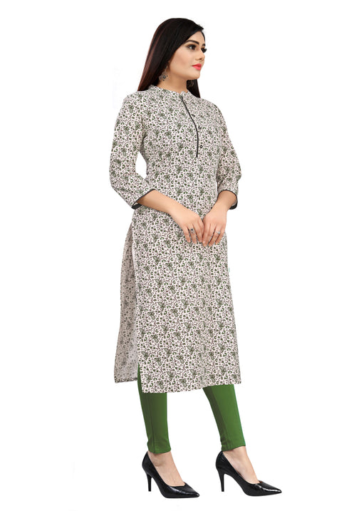 Beige & Green Pure Cambric Cotton Kurti