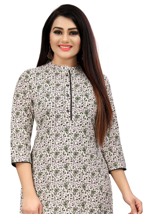 Beige & Green Pure Cambric Cotton Kurti