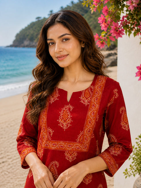 Maroon Pure Cotton Floral Printed Kurti