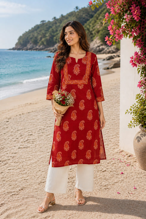 Maroon Pure Cotton Floral Printed Kurti