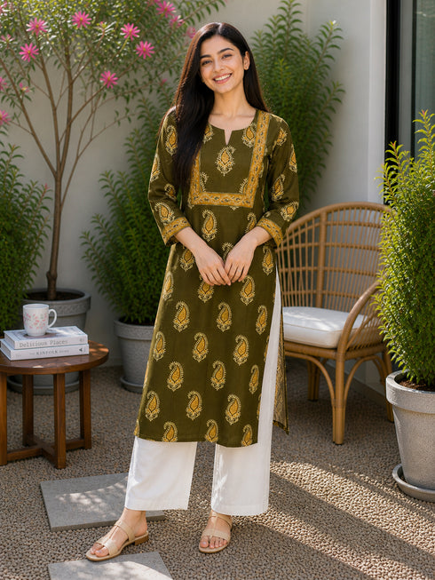 Mahendi Green Pure Cotton Floral Printed Kurti