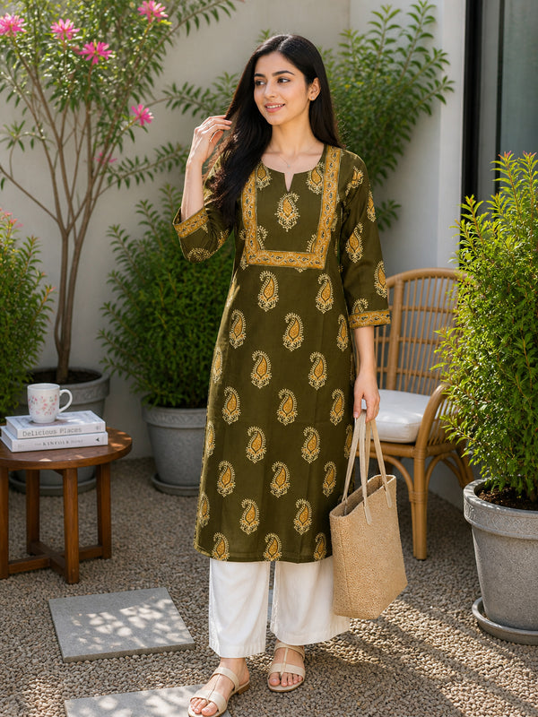 Mahendi Green Pure Cotton Floral Printed Kurti