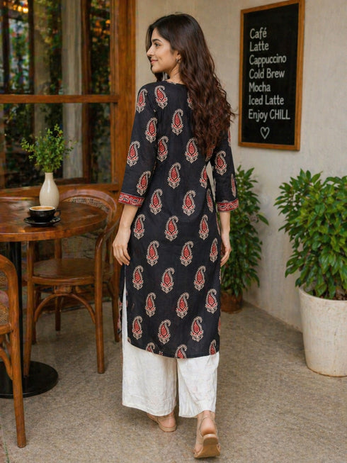 Black Pure Cotton Floral Printed Kurti
