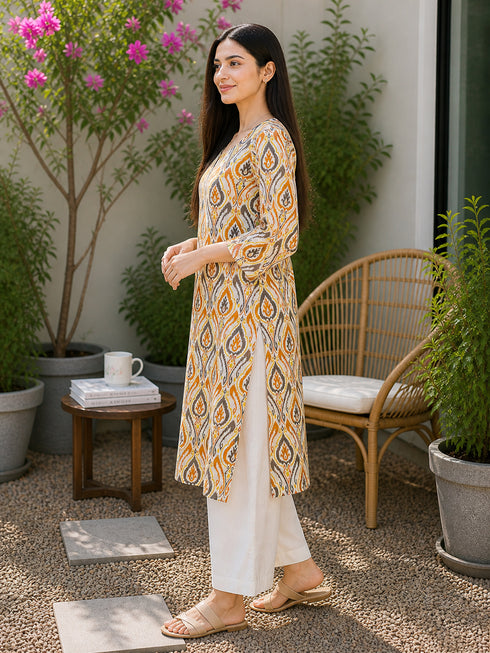 Orange & Beige Pure Cotton Floral Printed Kurti