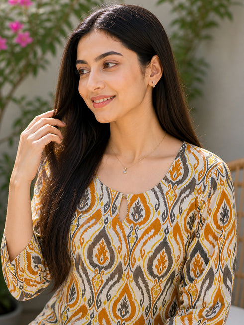 Orange & Beige Pure Cotton Floral Printed Kurti