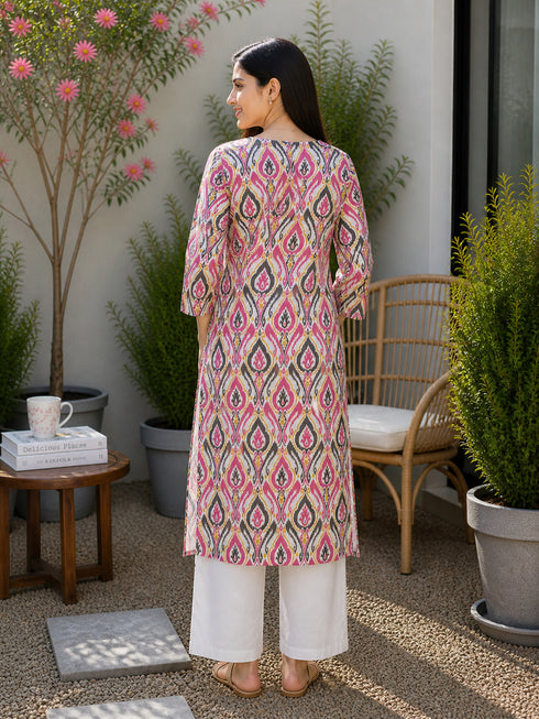 Pink & Beige Pure Cotton Floral Printed Kurti