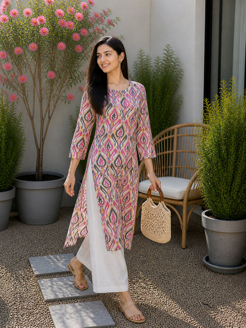 Pink & Beige Pure Cotton Floral Printed Kurti