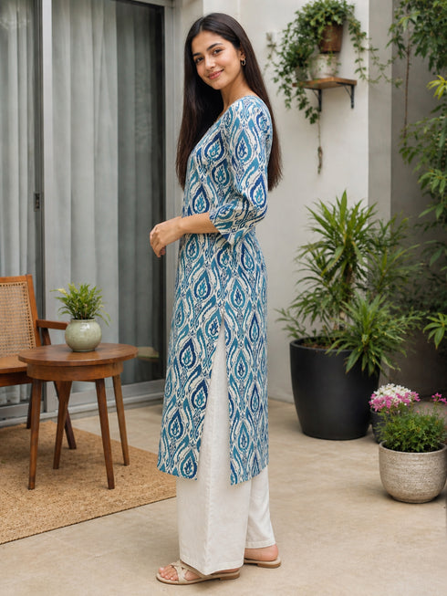 Blue & Beige Pure Cotton Floral Printed Kurti