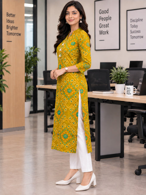 Olive Green Pure Cotton Bandhej Printed Kurti